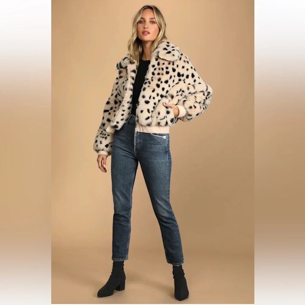 LULUS Faux Real Ivory Dot Print Fur Bomber Jacket Size Small EUC Y2K mob wife